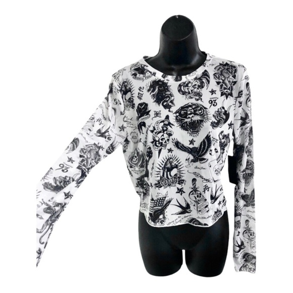 Ed Hardy white iconic Ed Hardy designs printed long‎ sleeve sheer top size large - Picture 4 of 14